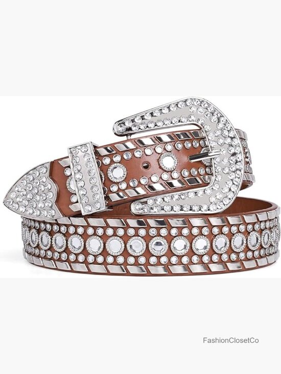 Rhinestone Studded Leather Western Belt with Detachable Buckle